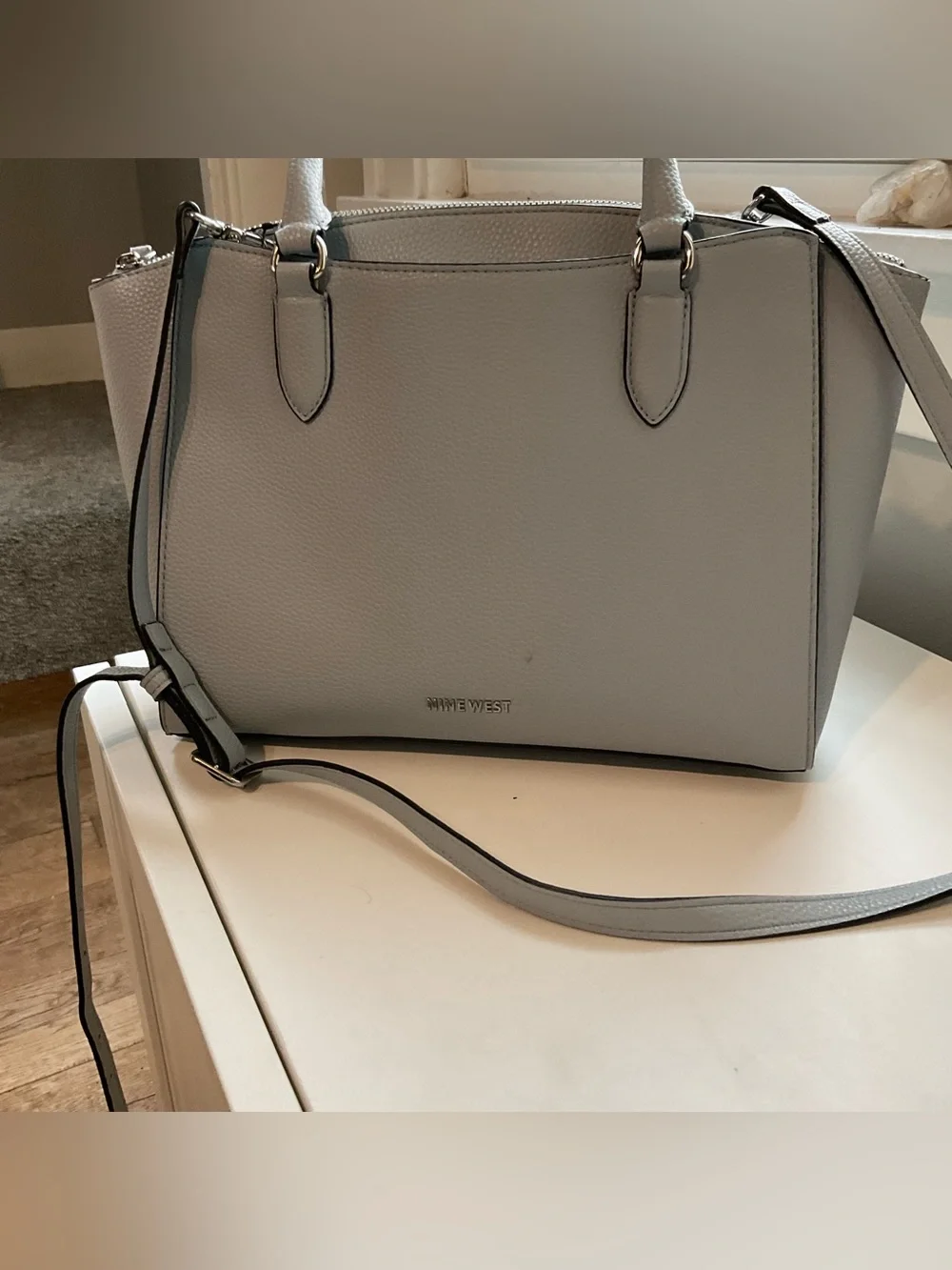 Nine West Tansy Faux Leather Satchel Crossbody Handbag, ice blue color, EUC